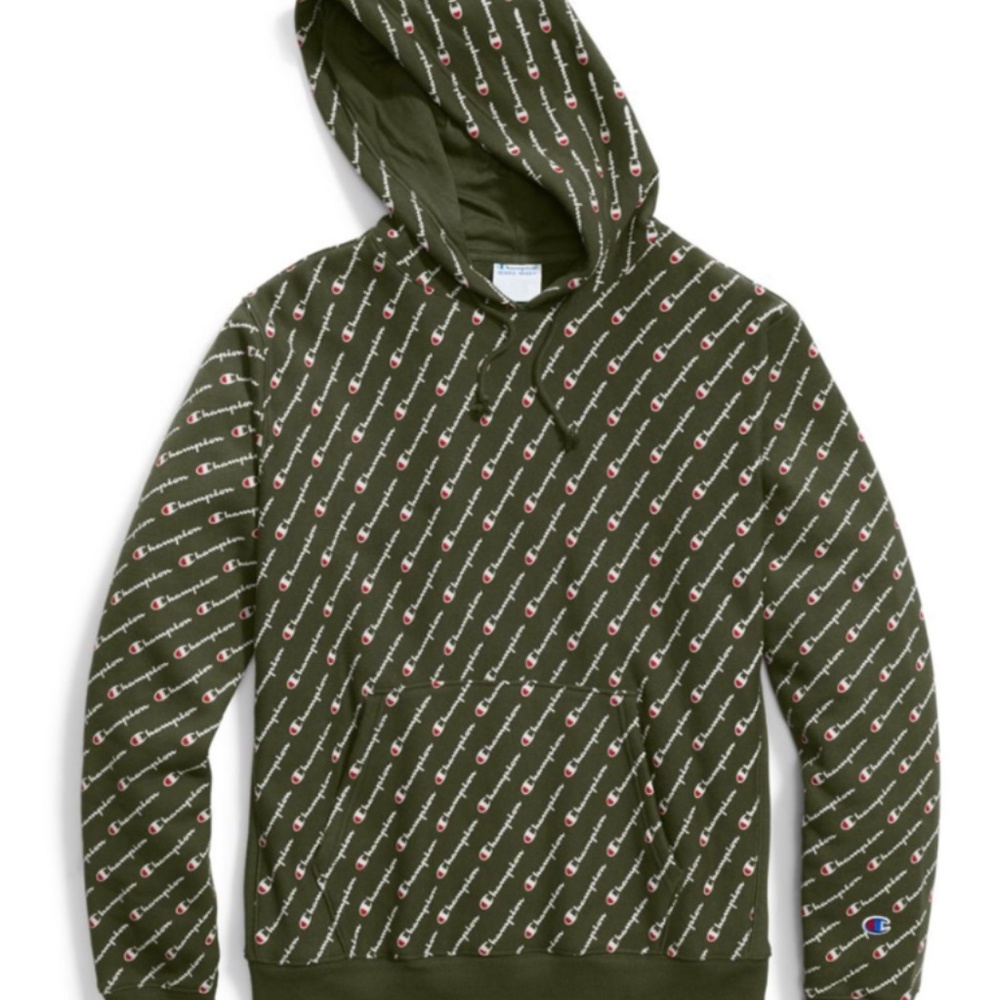 CHAMPION Reverse Weave Hoodie All Over Print Size Large Olive Green
